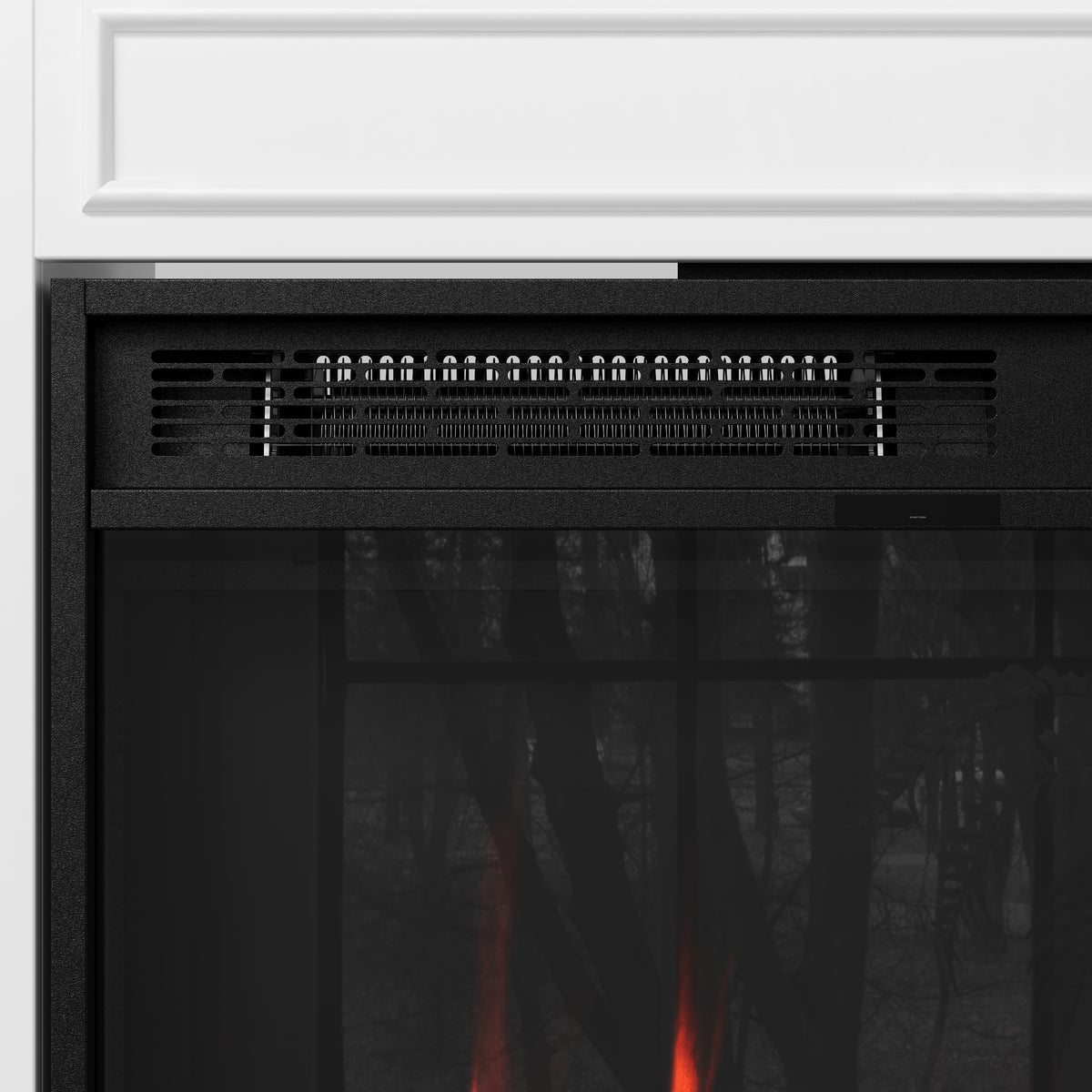 Black electric fireplace insert with glass door on a white background