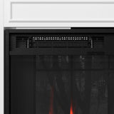 Black electric fireplace insert with glass door on a white background