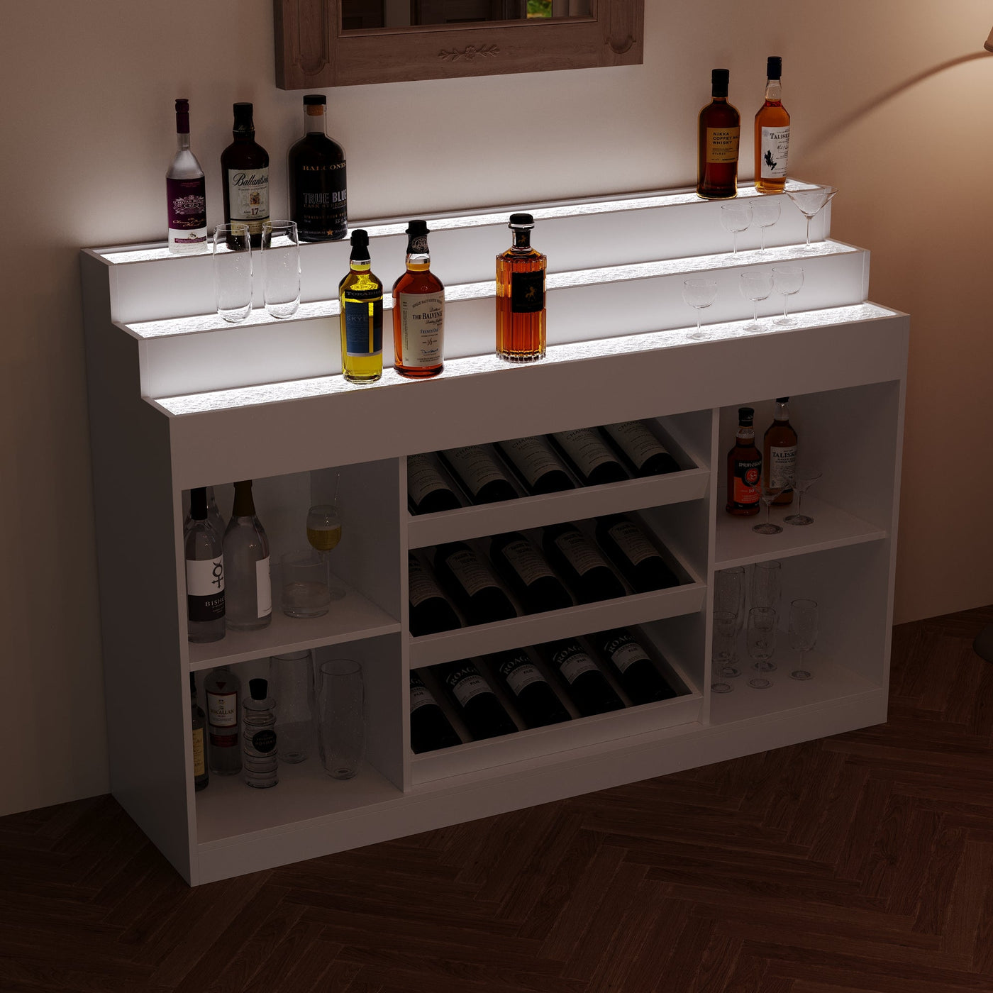 56.3" Modern White Wine Bar Cabinet With Light, Home Coffee Cabinet With Wine Shelf And Glass Top