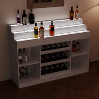 56.3" Modern White Wine Bar Cabinet With Light, Home Coffee Cabinet With Wine Shelf And Glass Top
