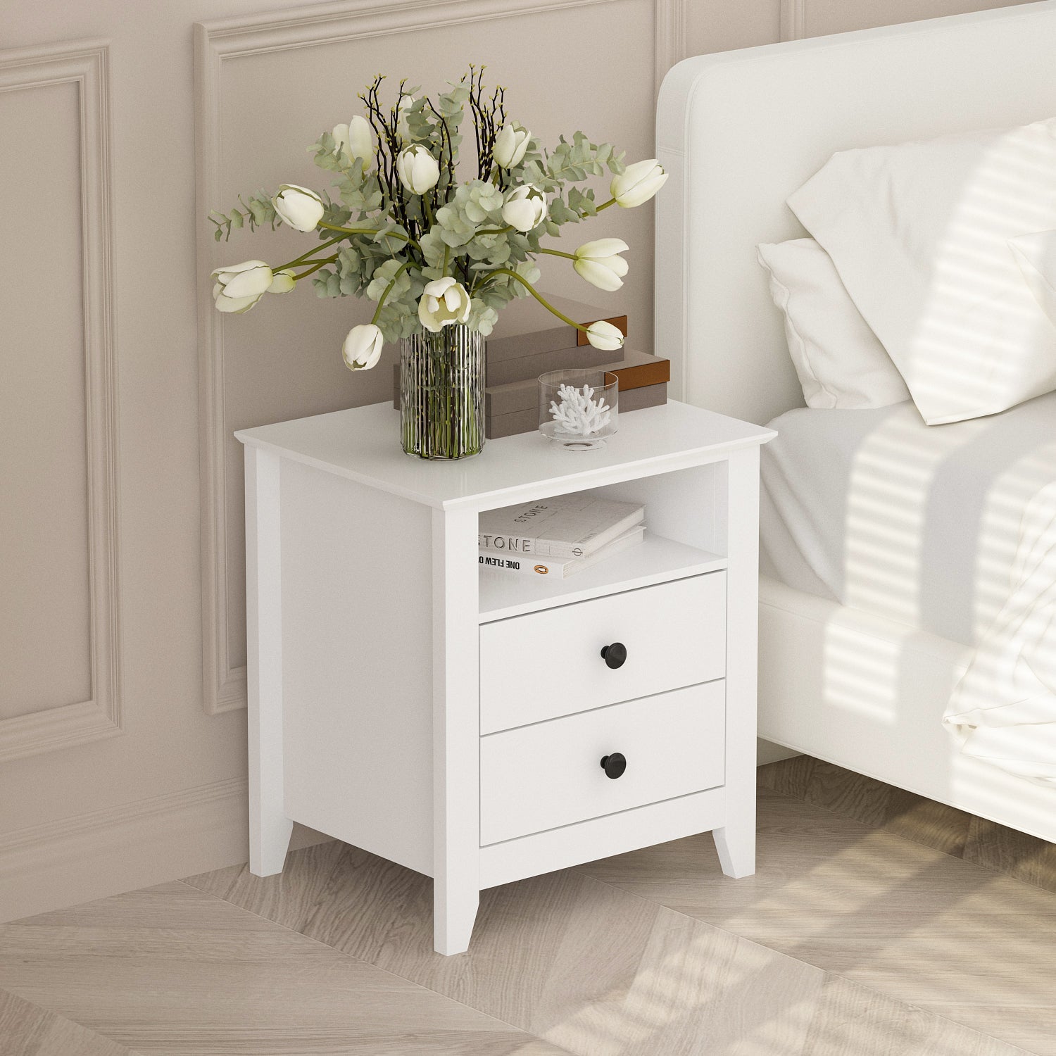 End Table Side Table with 2 Drawers & Shelf Bedside Table Nightstand with Wooden Legs