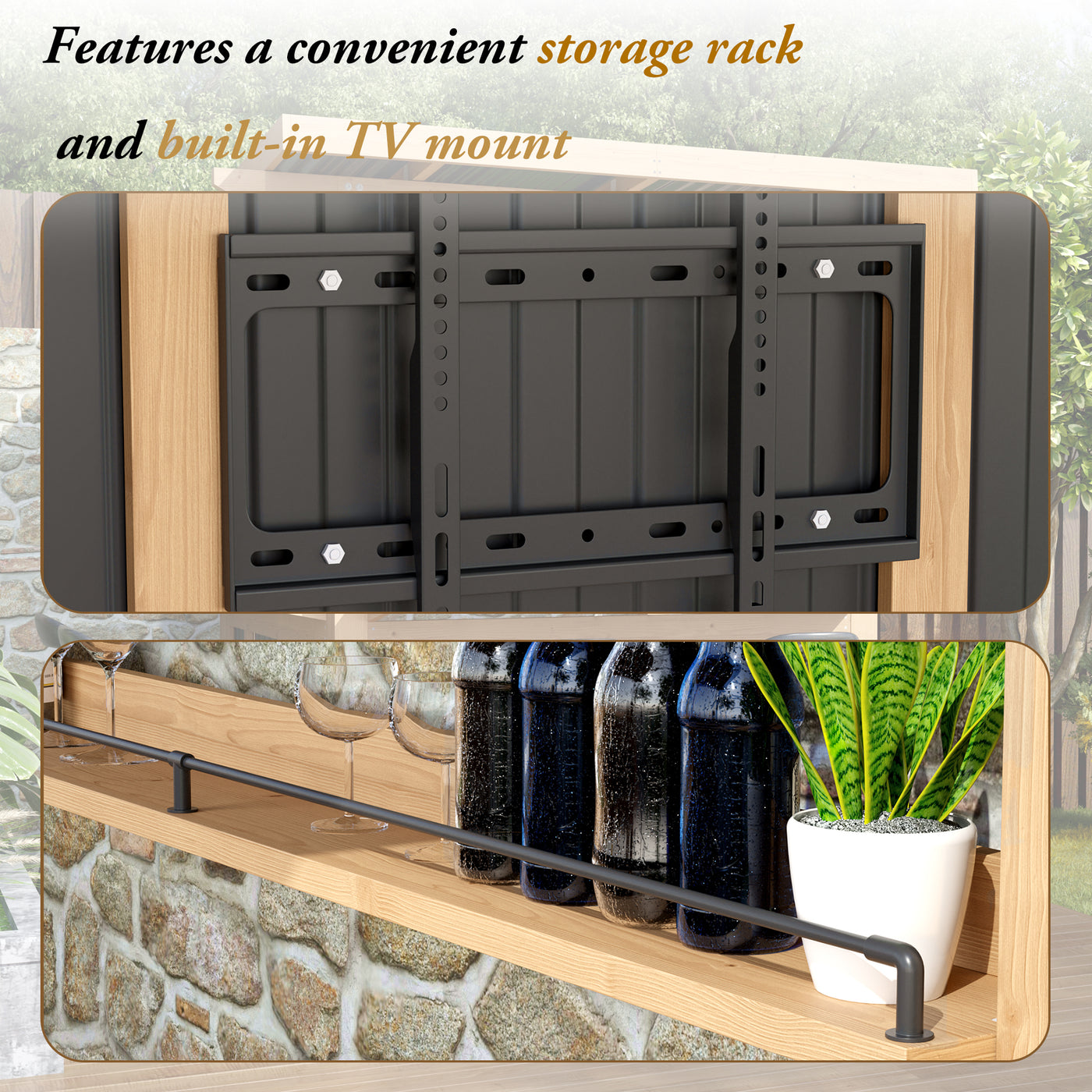 Wall-mounted TV stand with storage rack and TV mount, featuring bottles and a plant