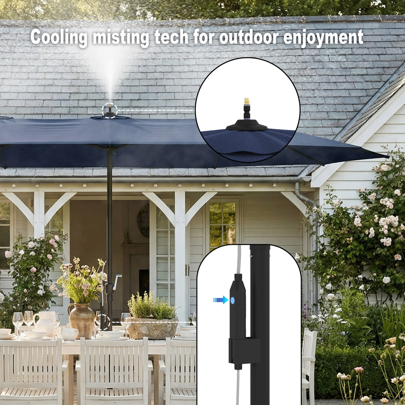 118" Double-Sided Patio Umbrella with Misting System  and Base