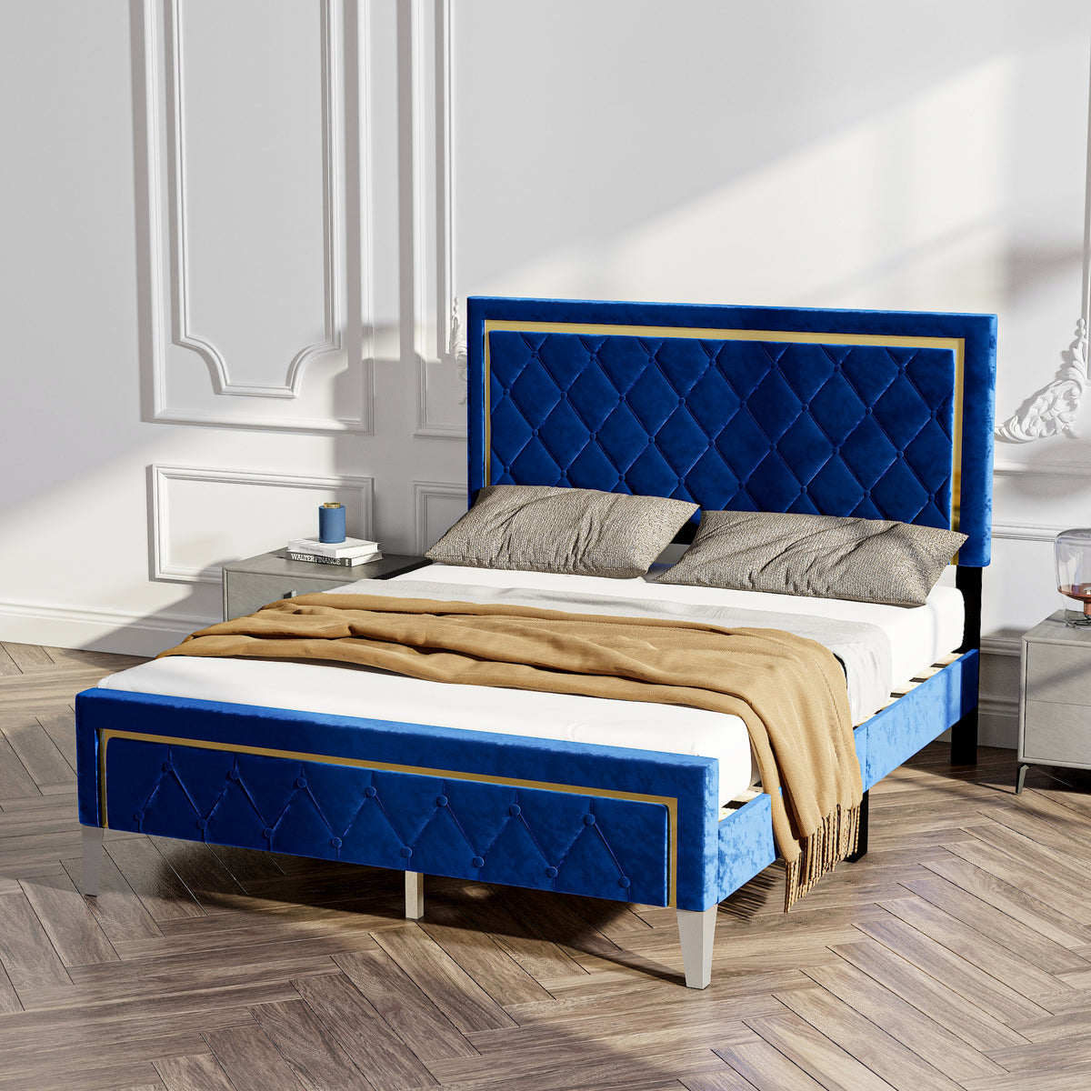 60.8" Modern Beige Platform Bed with Comfortable Headboard