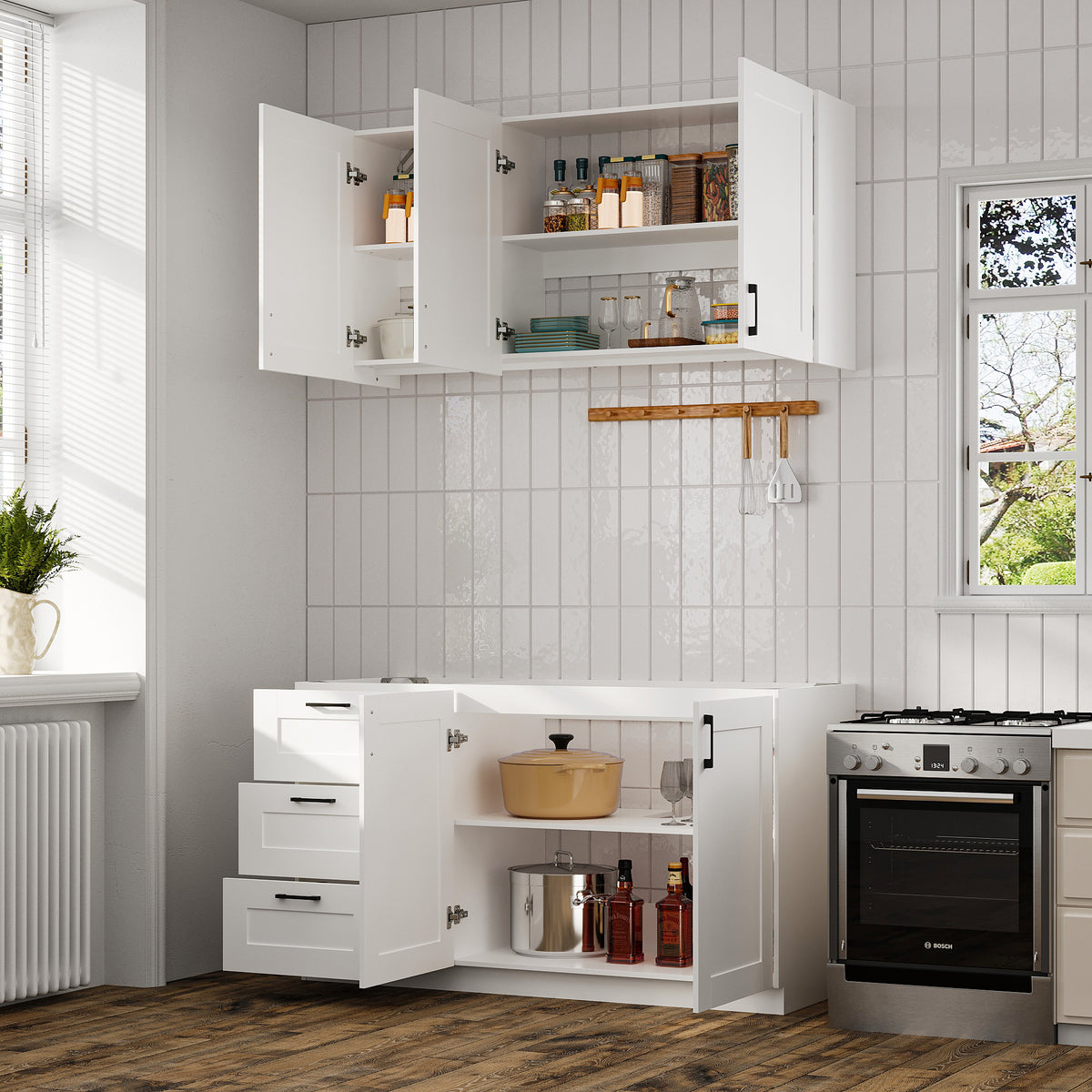60" White Kitchen Sideboard Buffet Pantry Cabinet with Wall-Mounted Upper Storage Cabinet, 3 Drawers and Double Base Doors