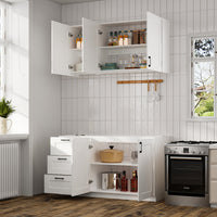 60" White Kitchen Sideboard Buffet Pantry Cabinet with Wall-Mounted Upper Storage Cabinet, 3 Drawers and Double Base Doors