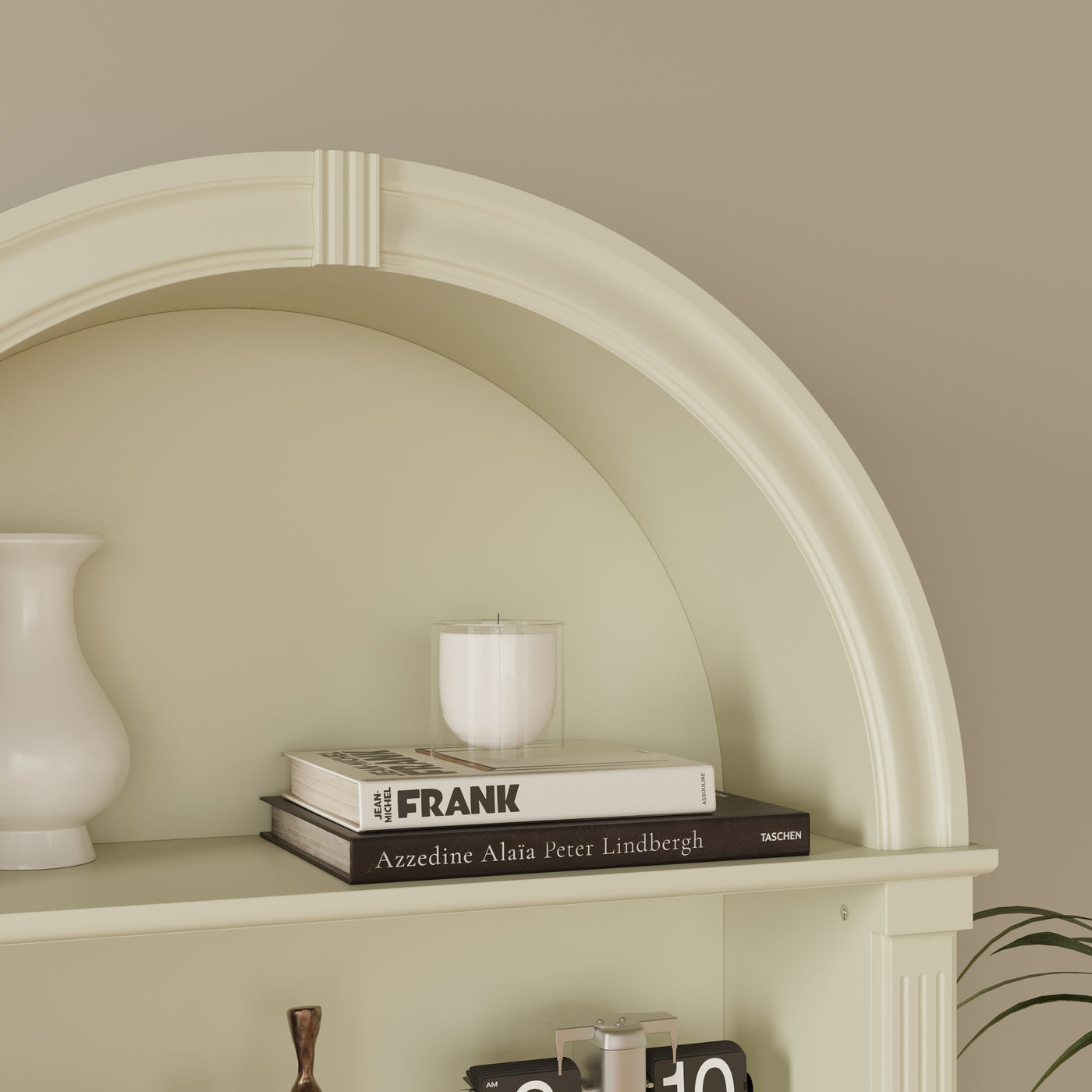 71" Mid-Century Milky Yellow Arched Bookcase with 5-Tier Shelves and Cabinet