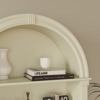 71" Mid-Century Milky Yellow Arched Bookcase with 5-Tier Shelves and Cabinet