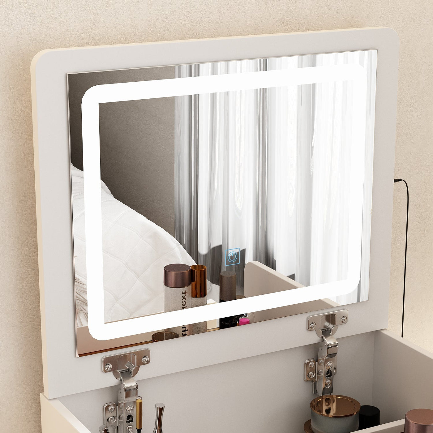 18.7" Modern White Makeup Vanity Desk with Lights and Flip Mirror