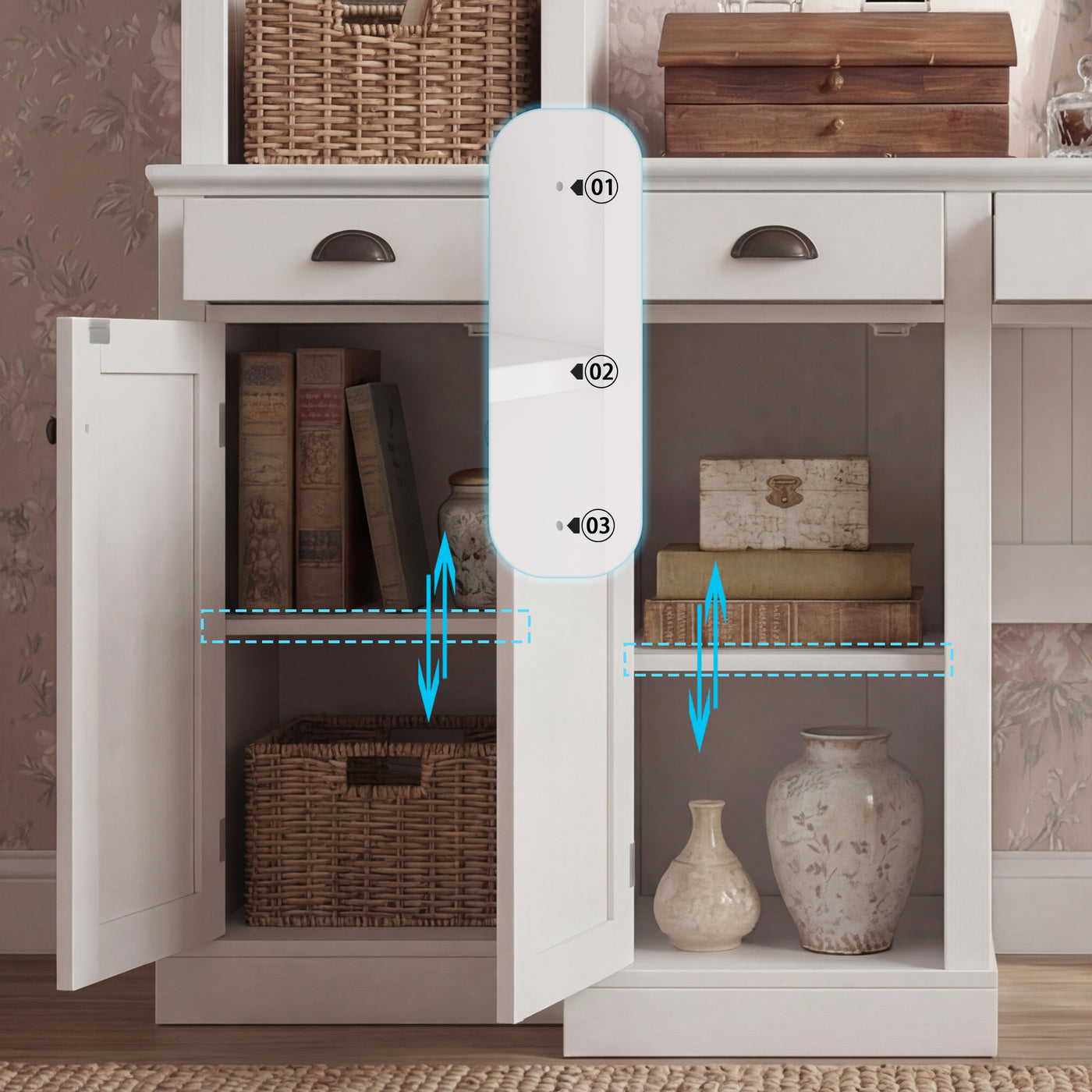88.5" White 4-Piece Modular Entertainment Wall Unit with Writing Desk, Open Bookcase Shelves & Closed Storage Cabinets