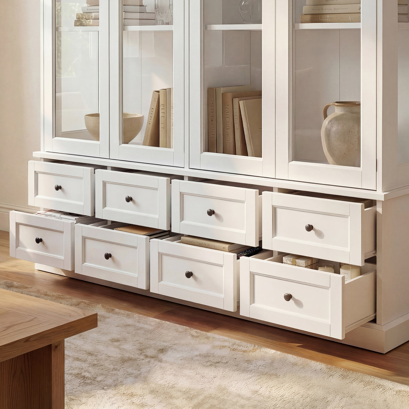 63" Smart White Display Cabinet with Bluetooth LED Lights, 8 Drawers and Glass Doors