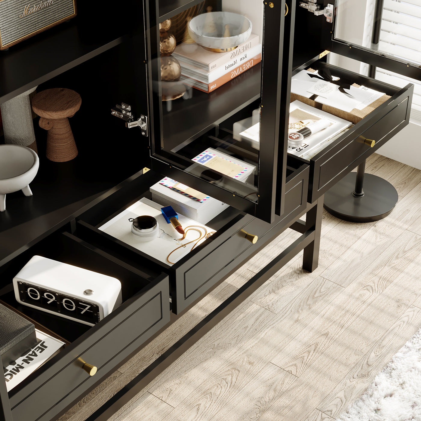 66" Modern Black Display Bookcase with Open Shelves, Glass Doors and 3 Drawers