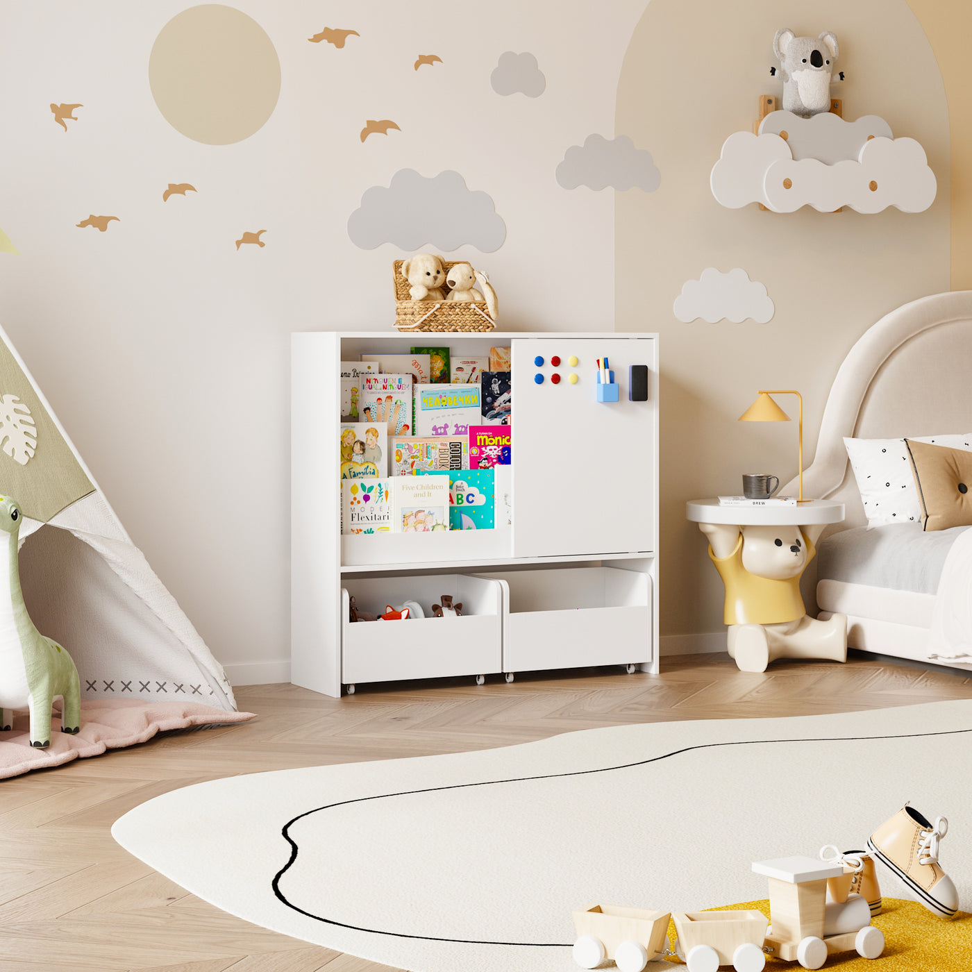 39.4" Modern White Kids Bookcase with Magnetic Whiteboard Doors