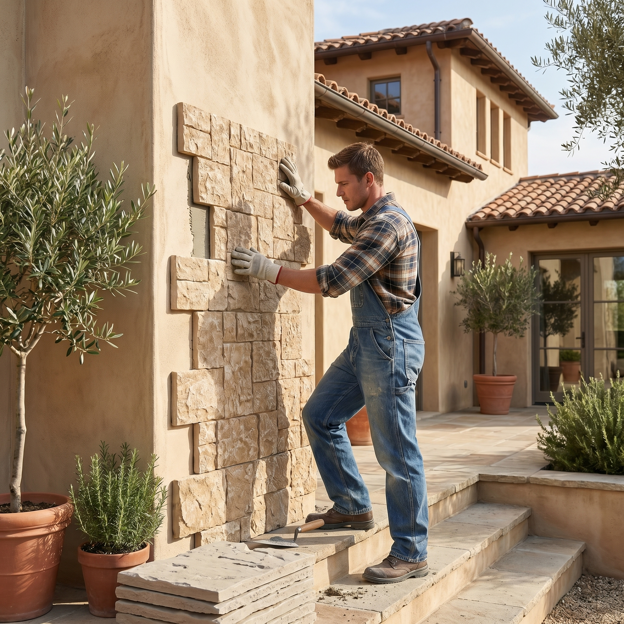Beige Square Faux Stone Wall Panel Set of 9, Lightweight Indoor & Outdoor Decor Wall Panels