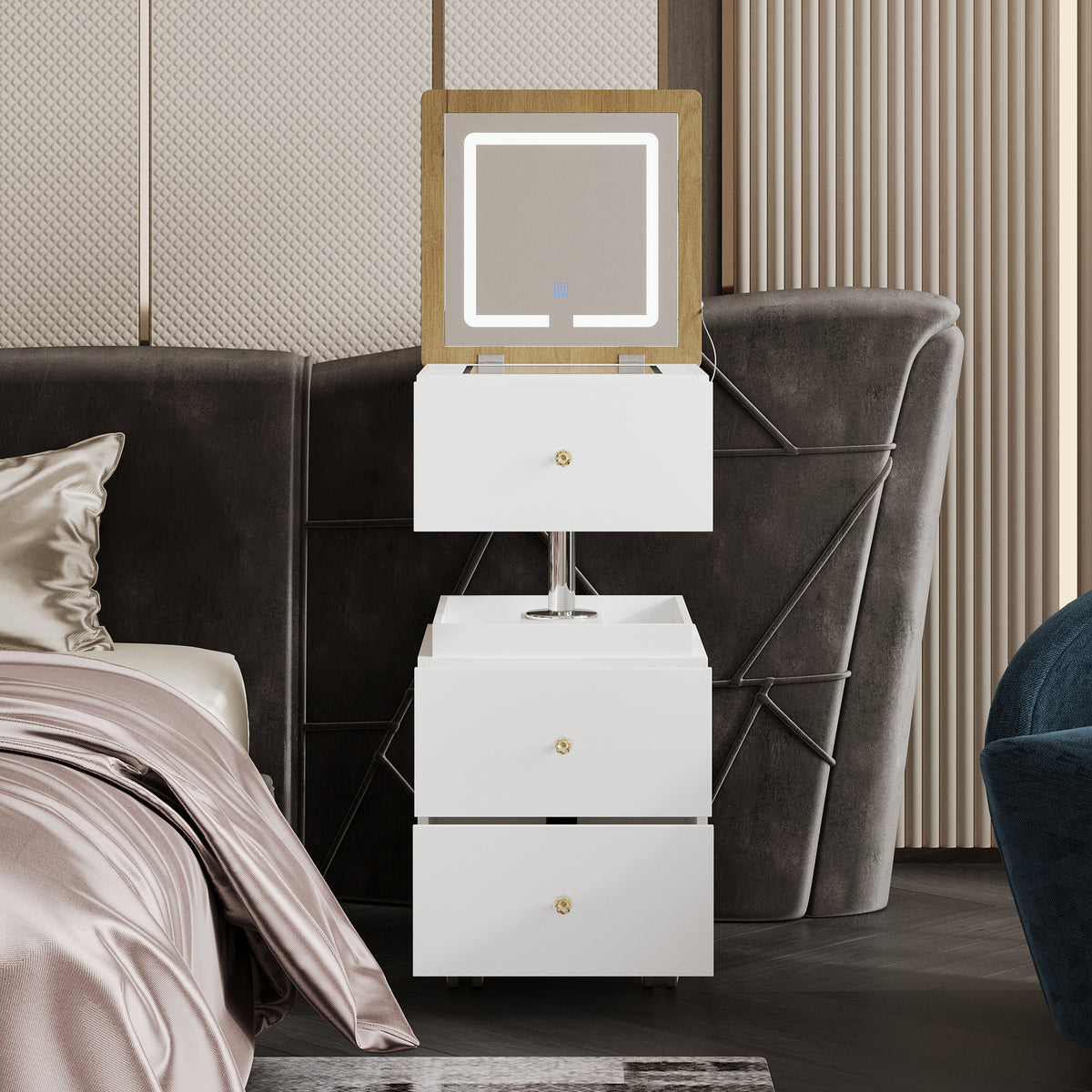 23.6" 360° Rotating White Makeup Vanity with Flip-Top LED Mirror & Adjustable Height