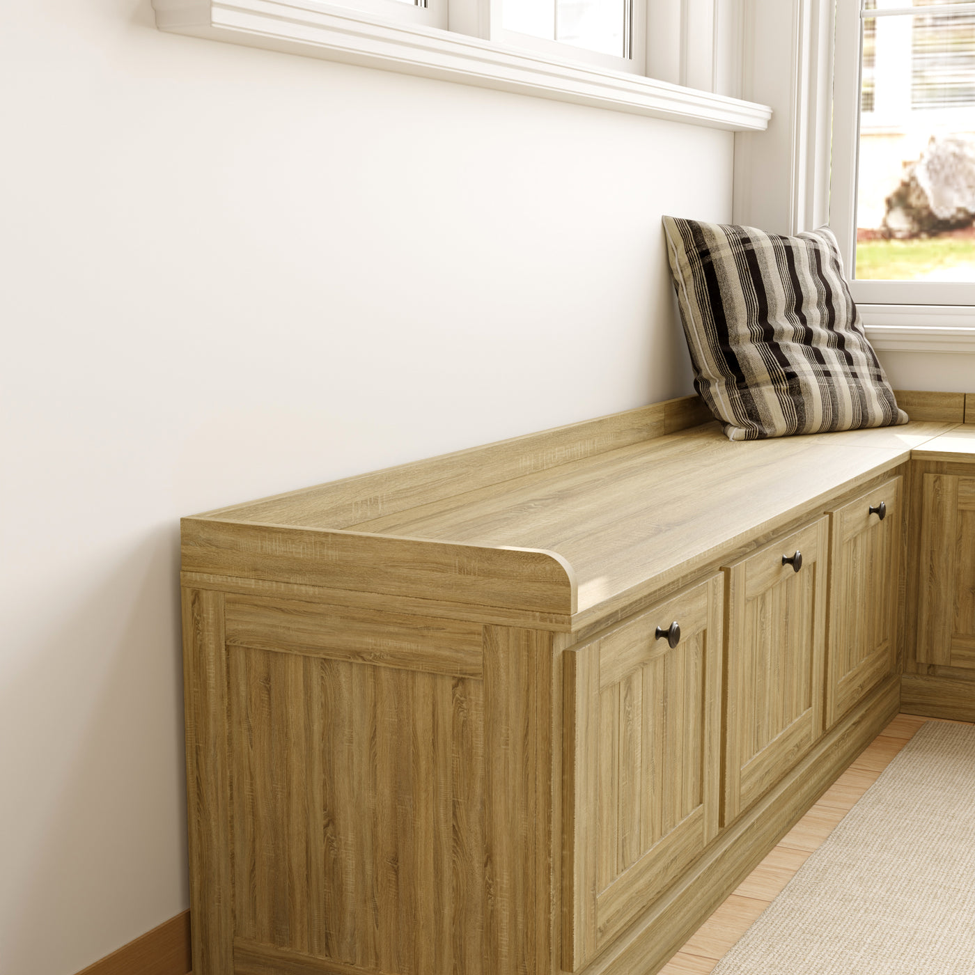 63" Modern Oak Corner Shoe Storage Bench with Flip-top Lid