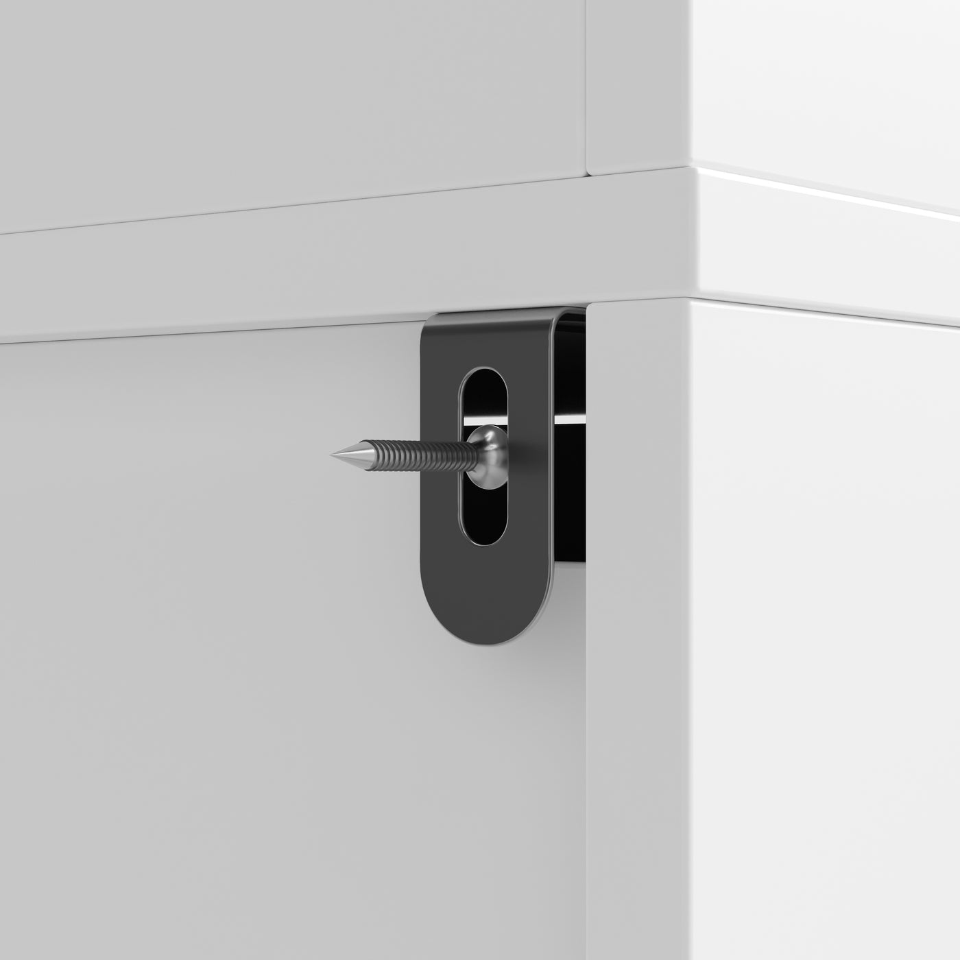 White garage storage cabinet with countertop, tool wall, and lower doors