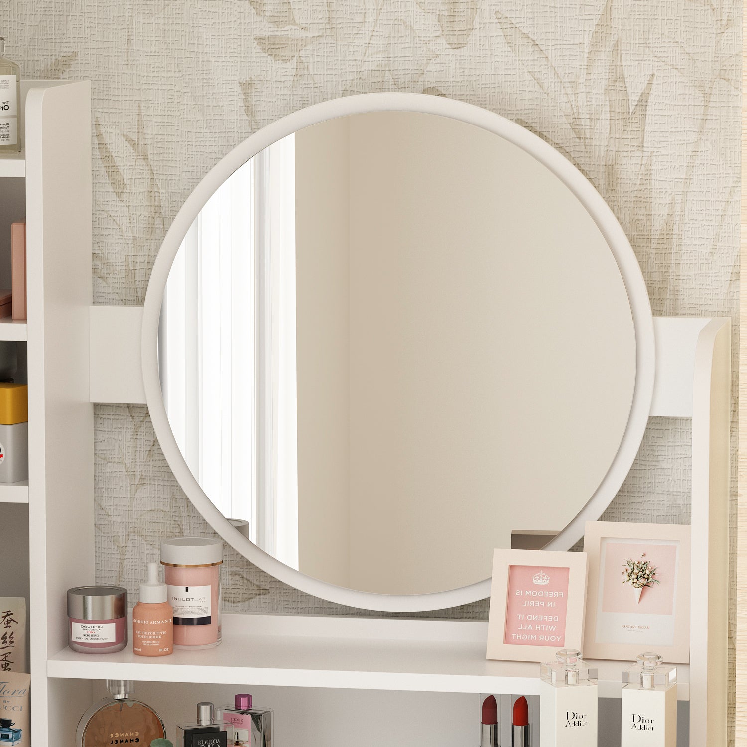 Makeup Vanity Set with Cushioned Stool, 5 Drawers & Display Shelves
