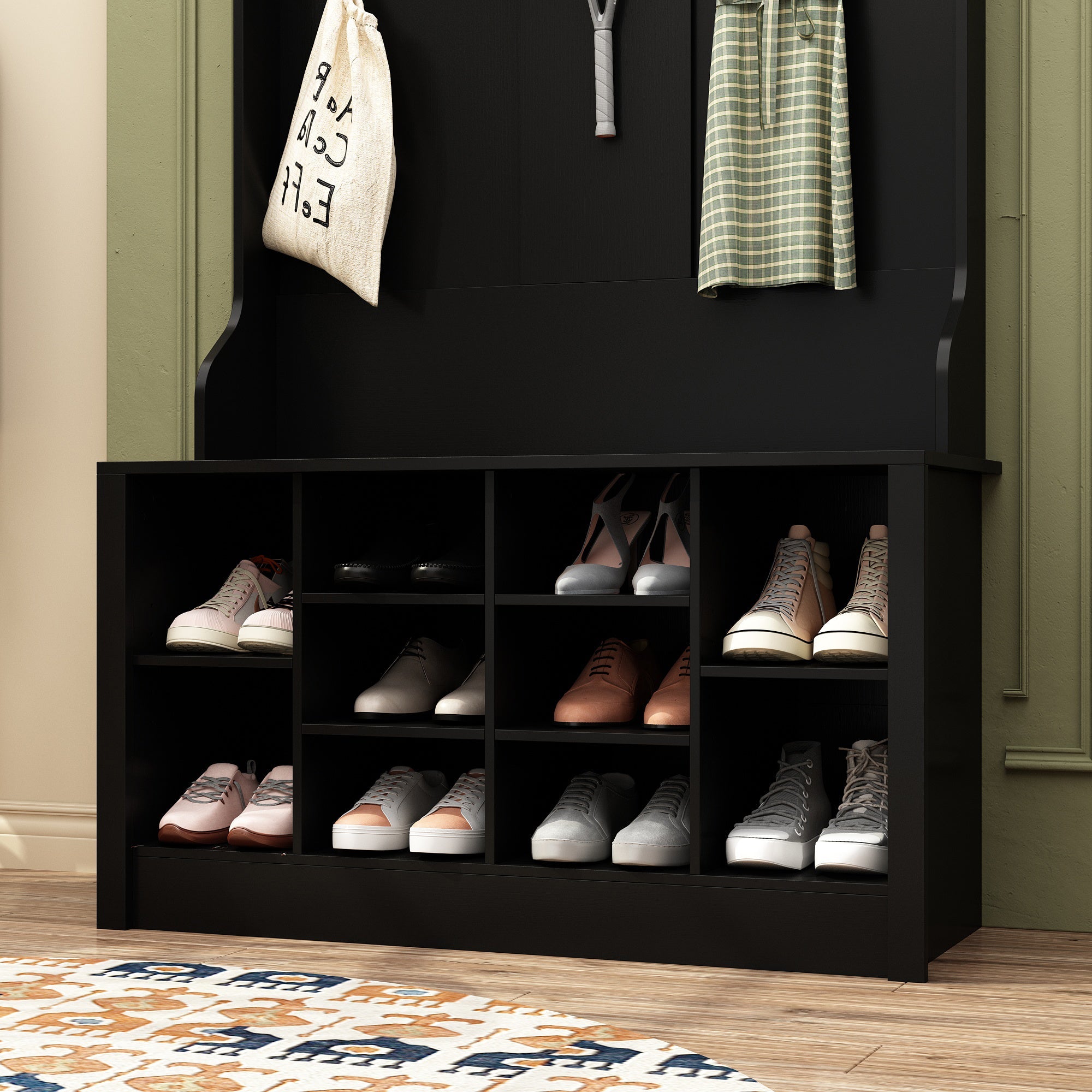 Hall Tree Shoe Storage Rack Bench Cabinet with Hooks for Entryway