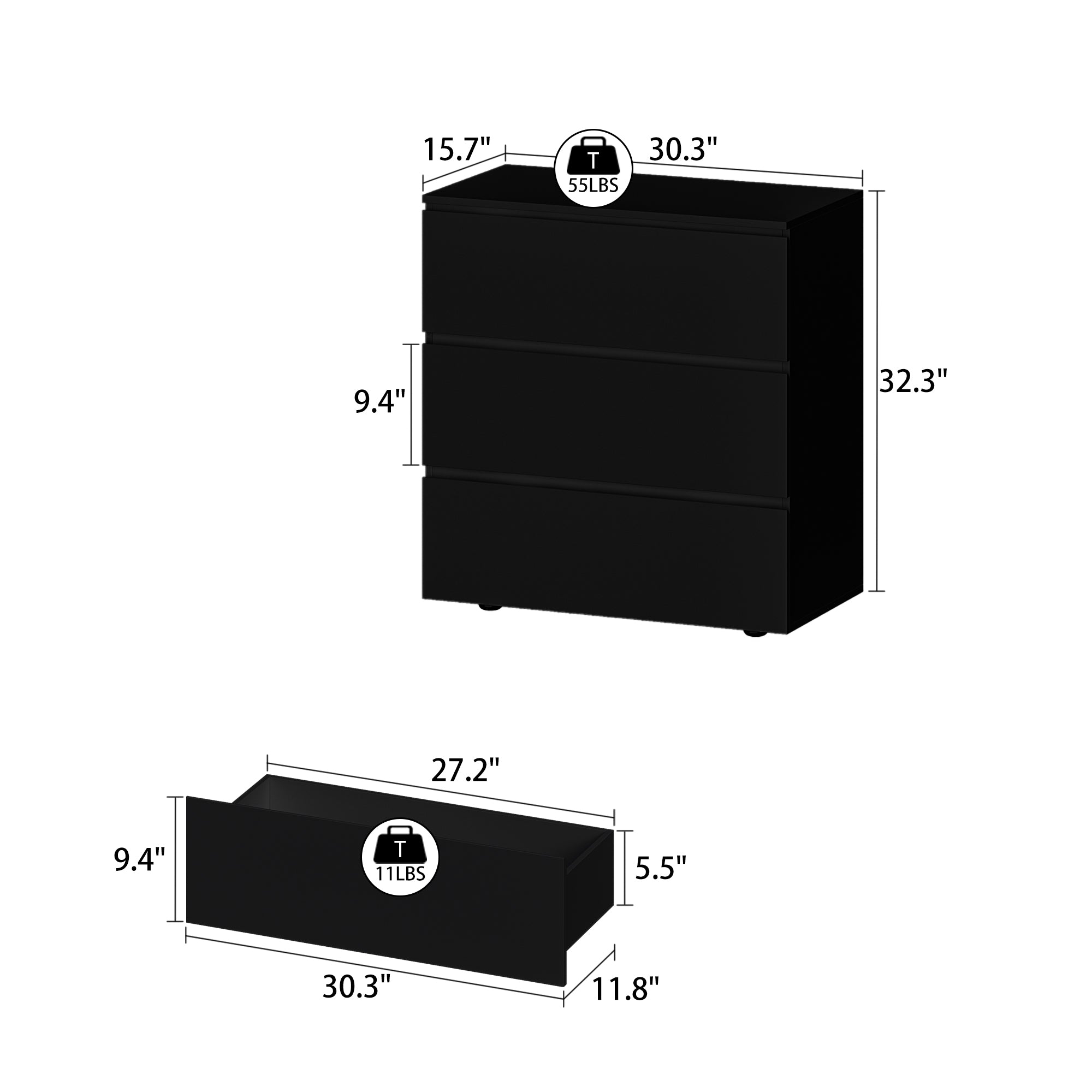 Chest of 3 Drawers Storage Dresser White Sideboard with 3 Drawers No-Handle Organizer