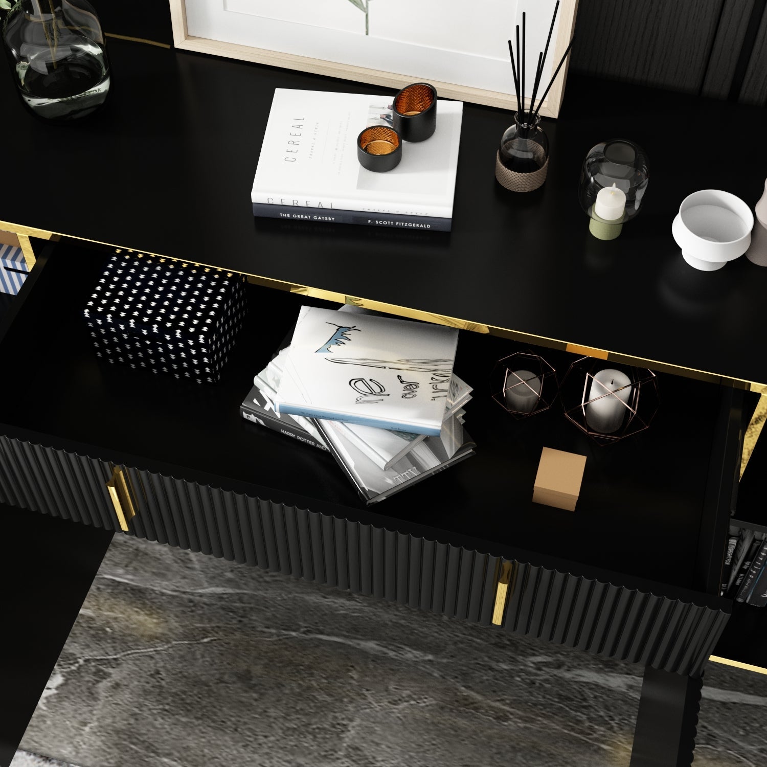 Wide Sideboard Buffet Storage Cabinet in Black with Drawer & Pop-up Doors