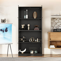 Black shelving unit with decorative items in a room setting