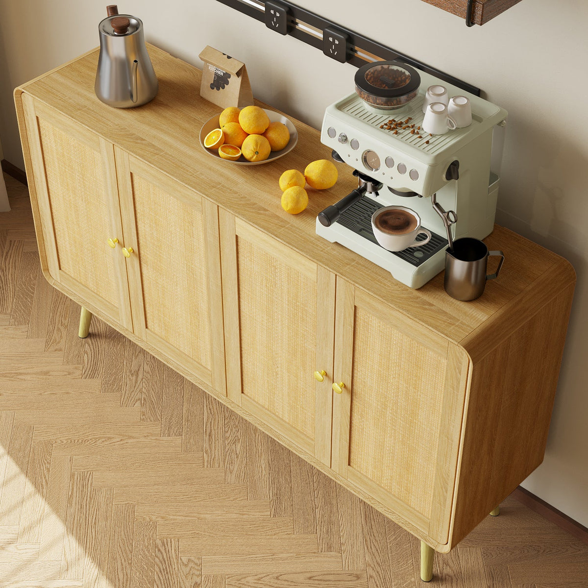 55" Mid-Century Natural Sideboard With Rattan Doors And Adjustable Shelves