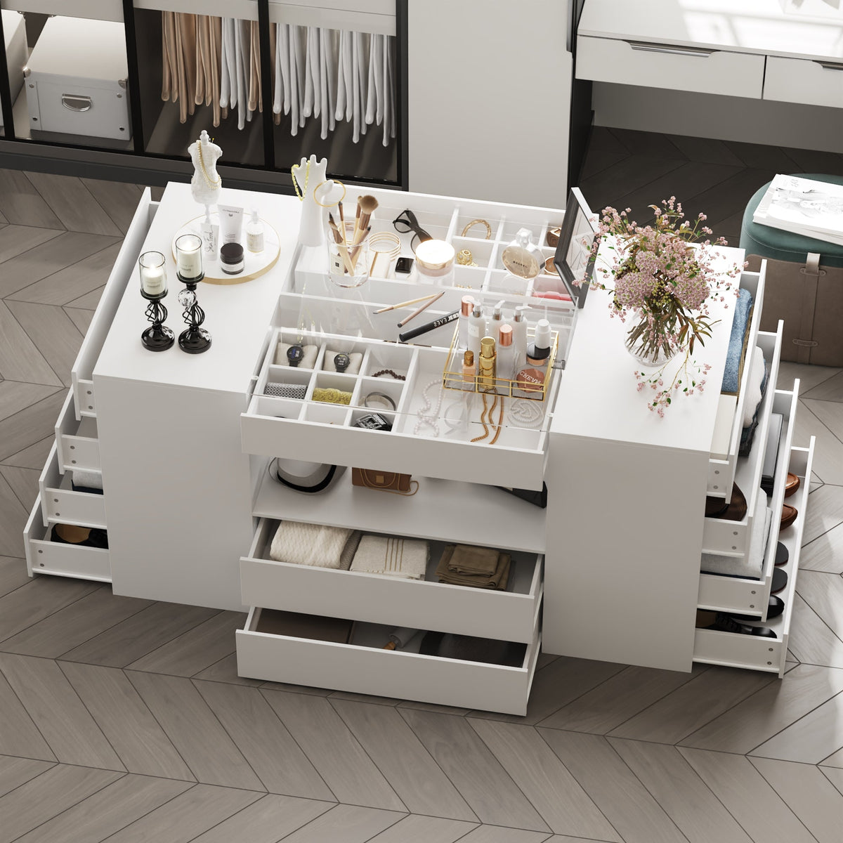 62" Modern White 14-Drawer Chest with Tempered Glass Top