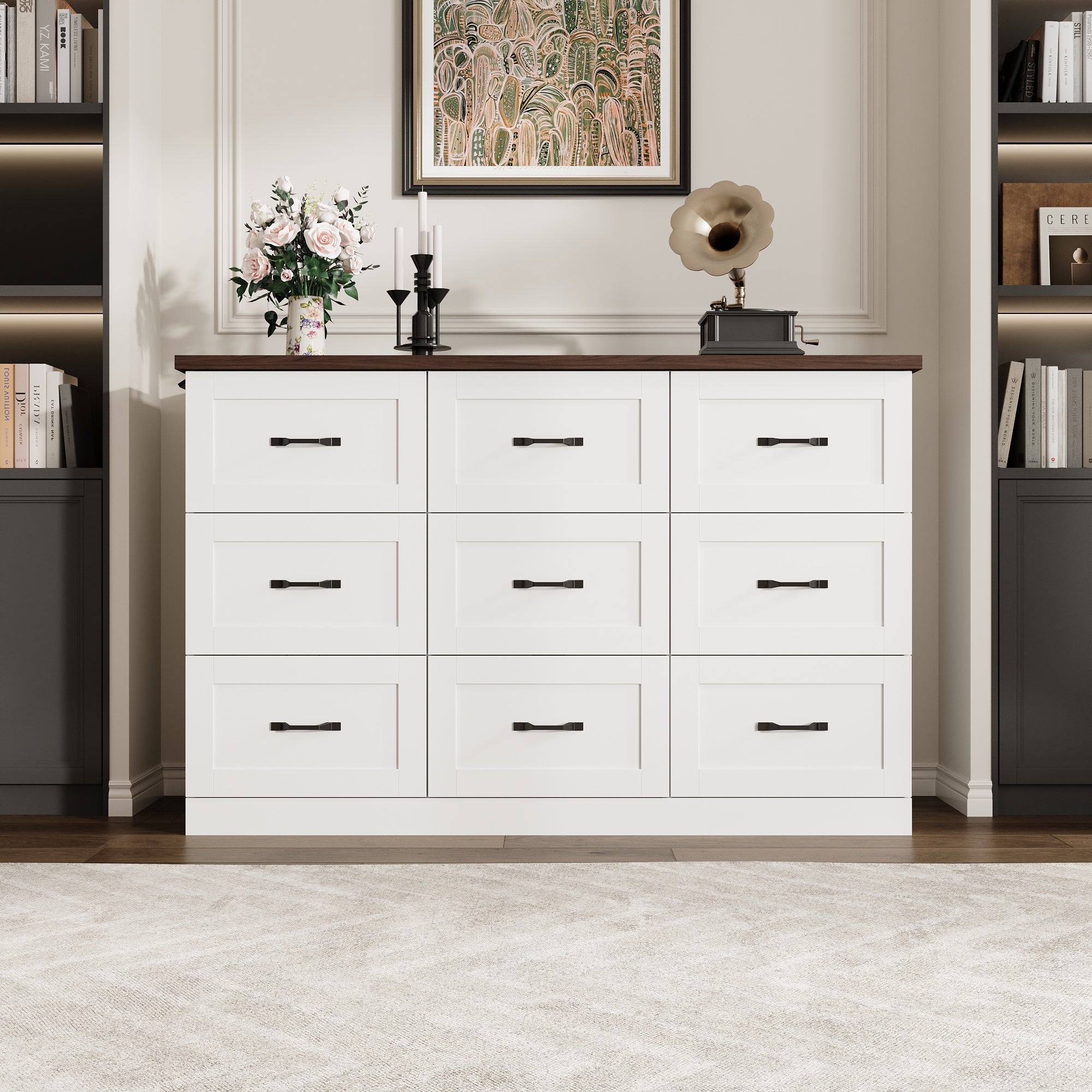 63 inch Modern White TV Stand Dresser with Hidden TV Lift & 9 Drawers