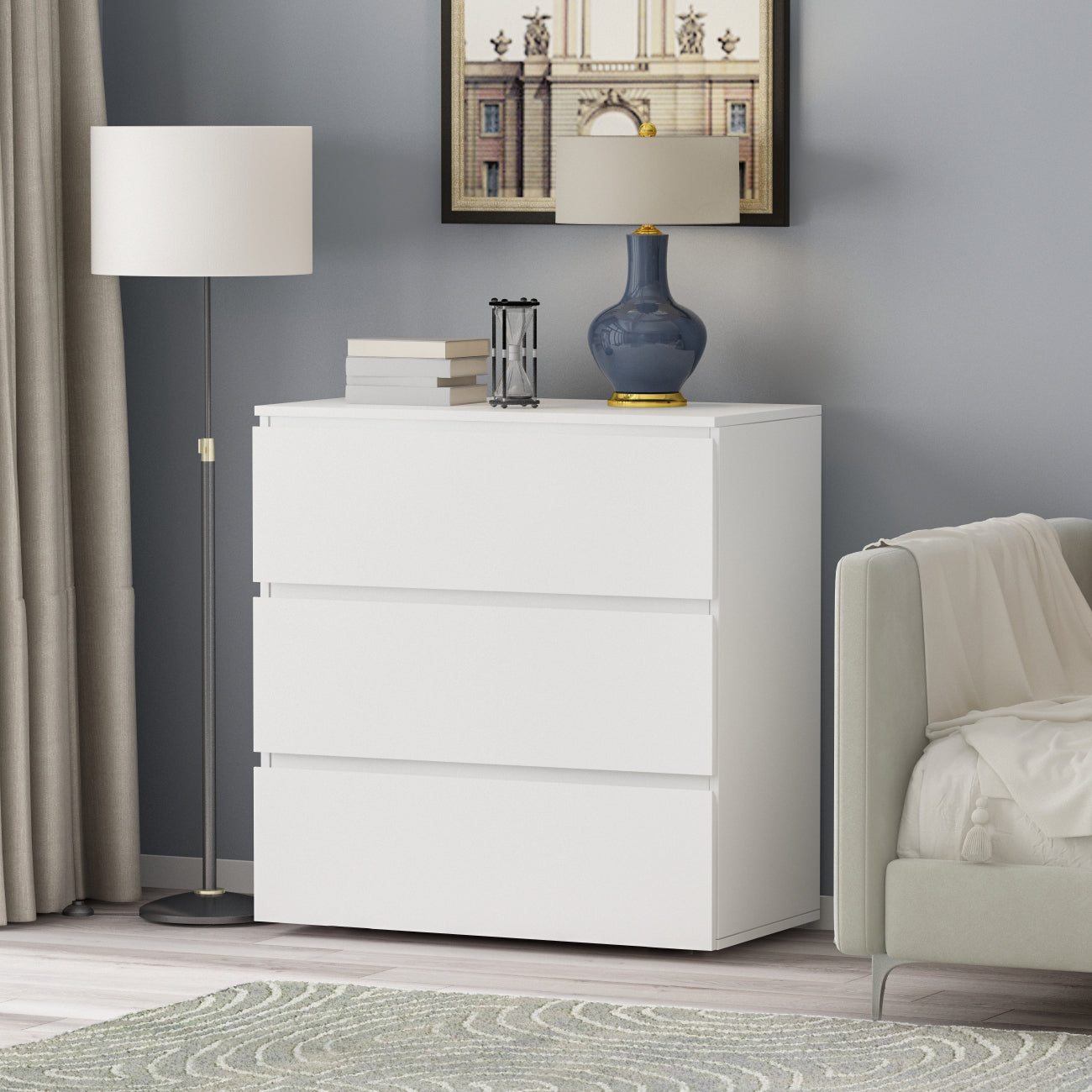 Chest Table Storage White Sideboard with 3 Drawers No-Handle Organizer