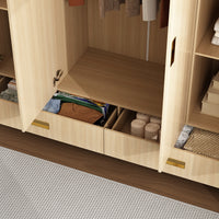 63" Beige Wood‑Grain 8‑Door Armoire Wardrobe with Top Cabinet, Hanging Rod and 2 Bottom Storage Drawers