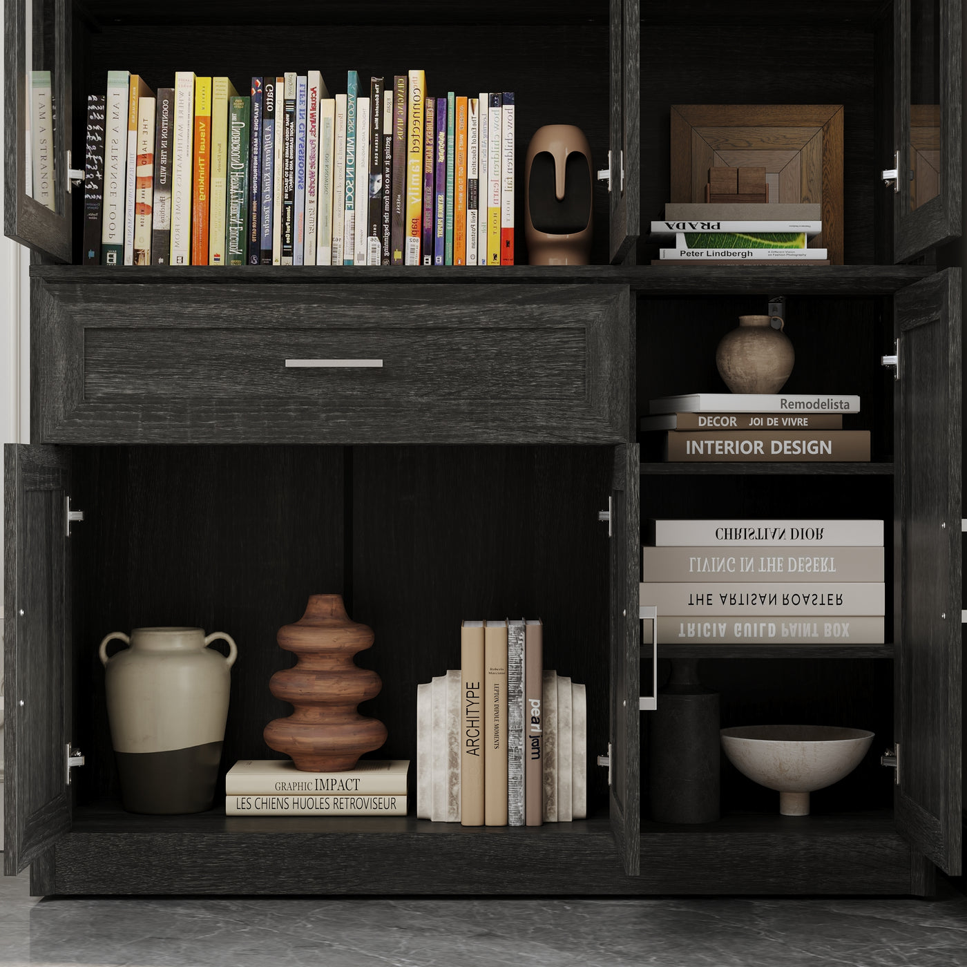 46" Modern Black Display Bookcase with Glass Doors & Drawer