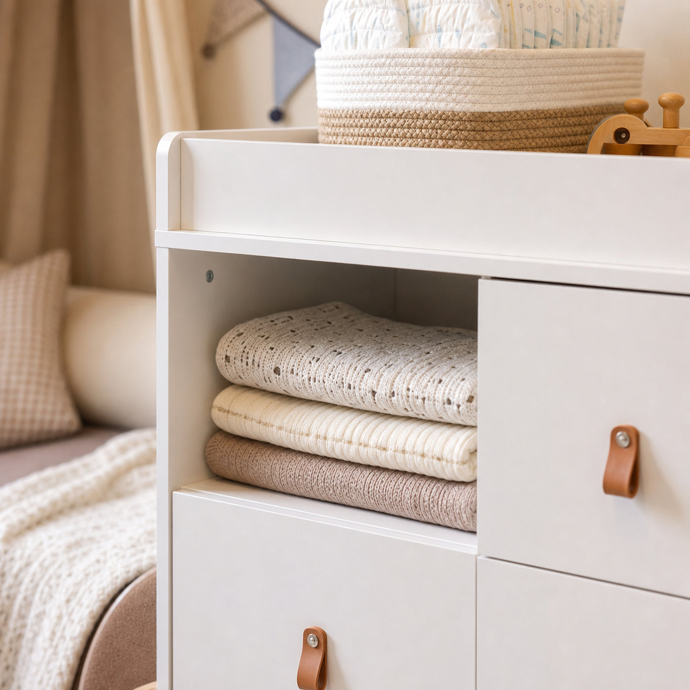 44.9" Modern Minimalist White/Wood 4-Drawer Nursery Changing Table Dresser