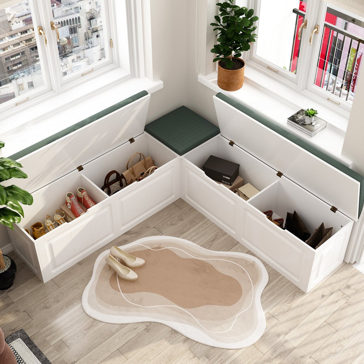 63" Modern White Corner Shoe Bench with Cushion and Storage