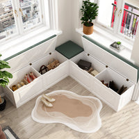 63" Modern White Corner Shoe Bench with Cushion and Storage