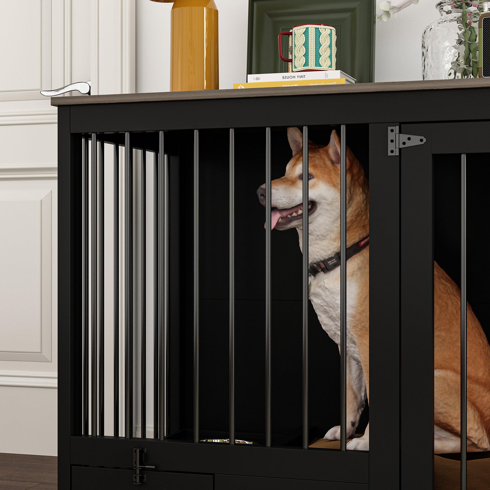 Large Dog Crate Furniture With Pull-Out Dog Bowls And Divider