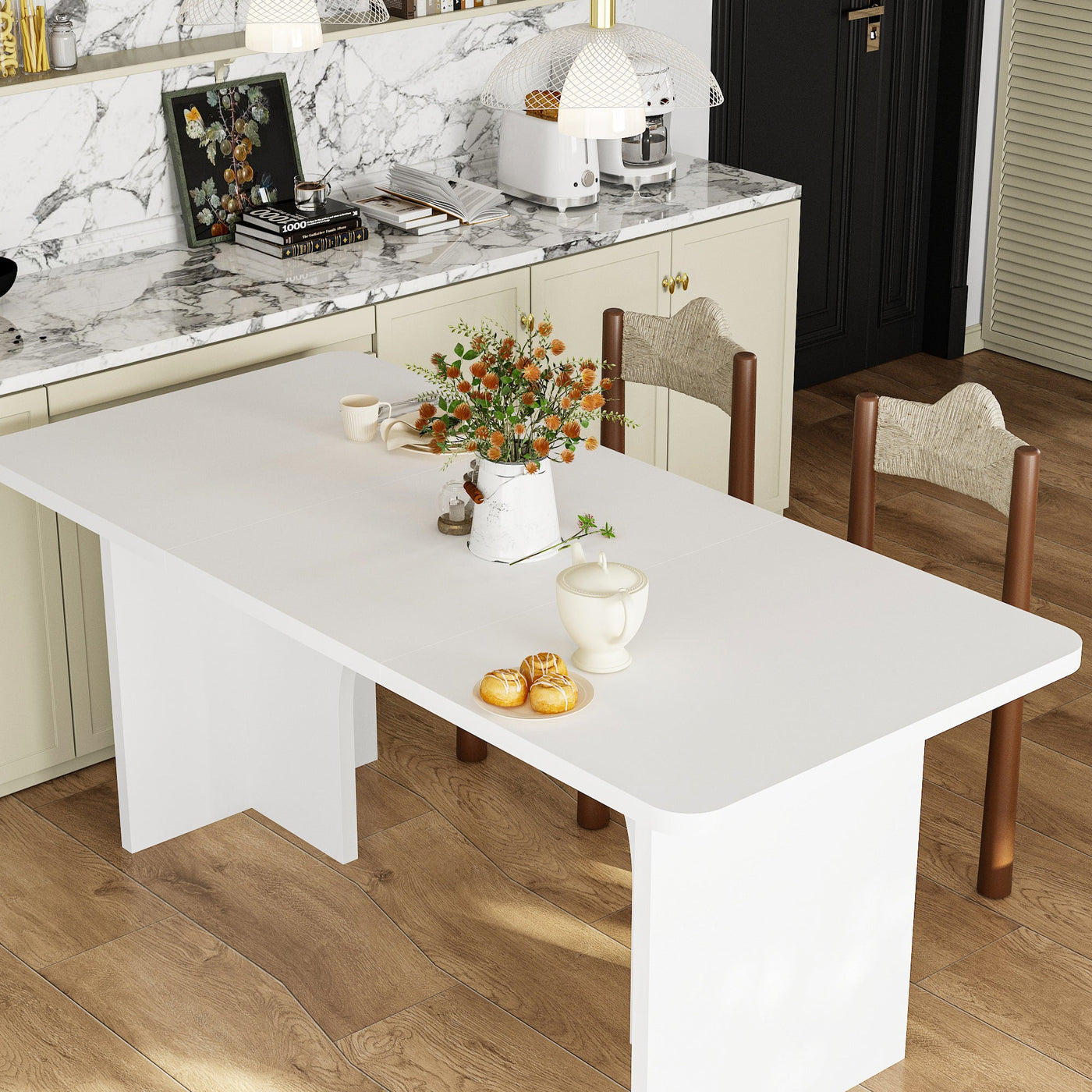 74.8" Modern Minimalist White Dining Table With Arched, Openwork Legs