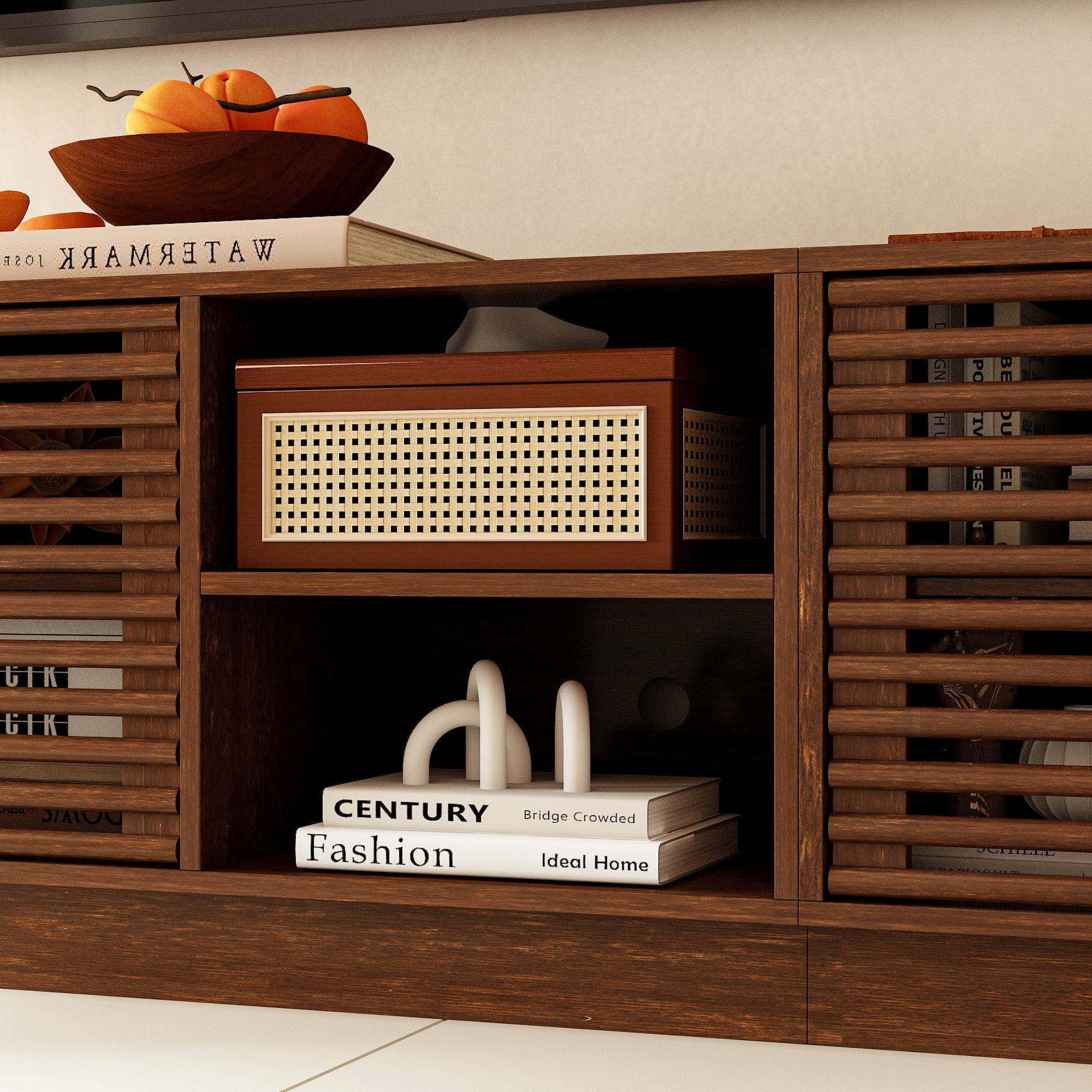 Mid-Century Modern TV Stand With Slatted Doors, Open Shelves, And Cable Management