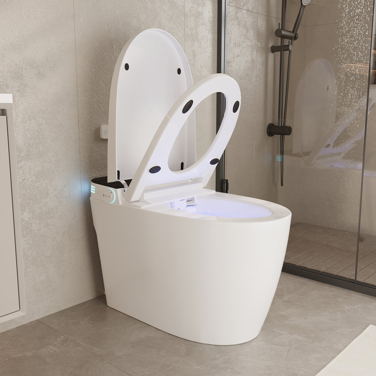 White smart toilet with open lid, built-in bidet, and ambient night light