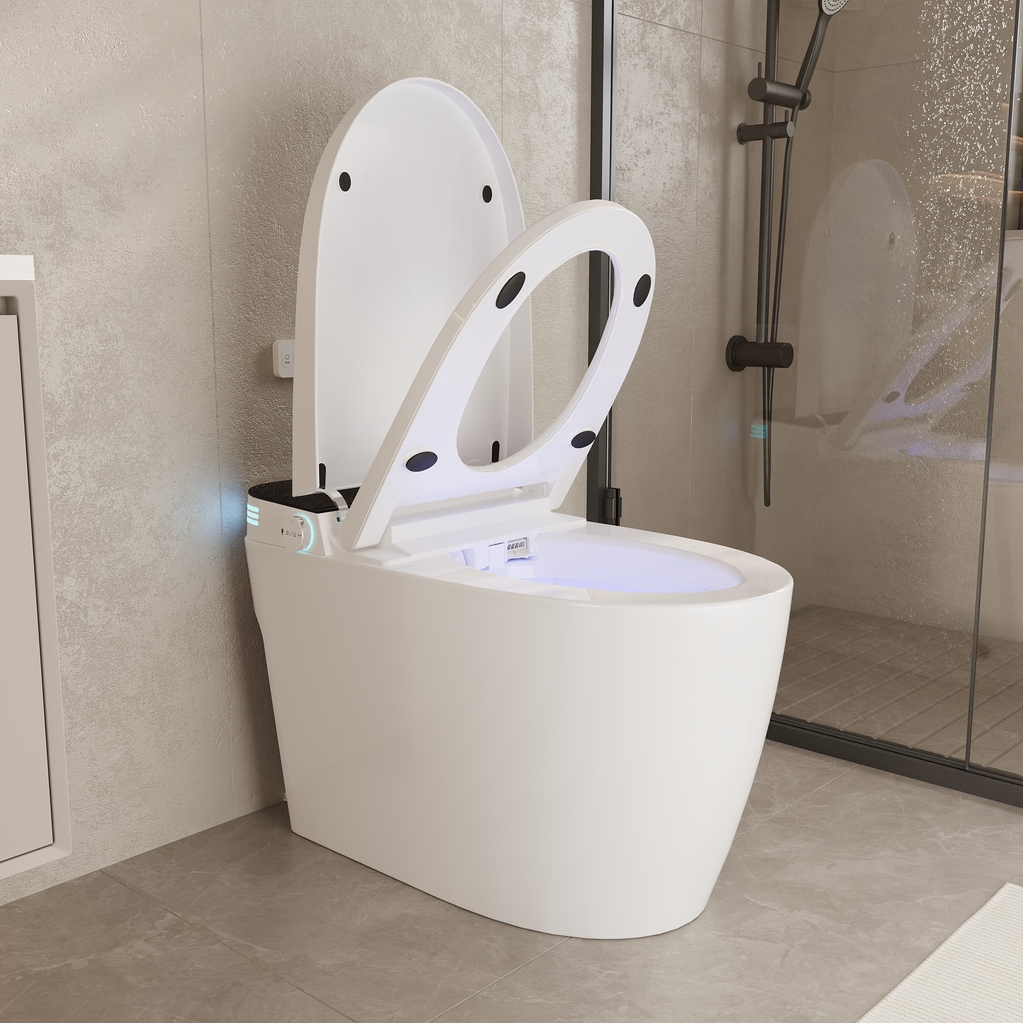 White smart toilet with open lid, built-in bidet, and ambient night light