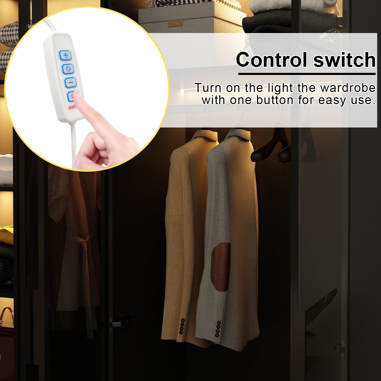 Elegant Black Wardrobe with LED Lighting and Tempered Glass Doors