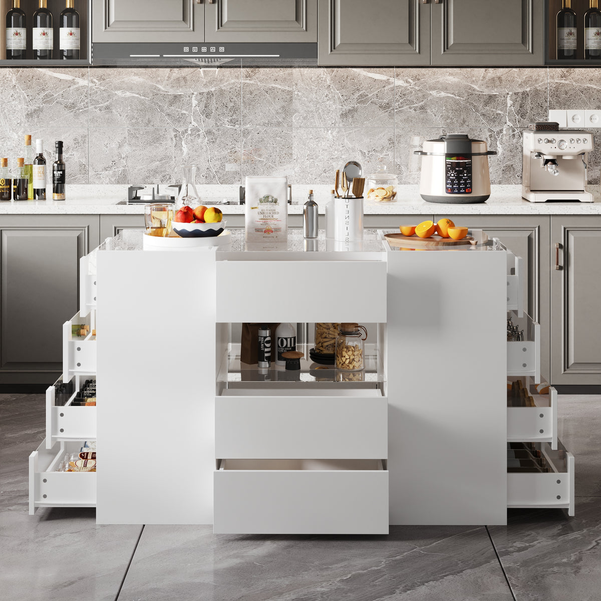47.2" Modern White Kitchen Island with 14 Drawers and Tempered Glass Top