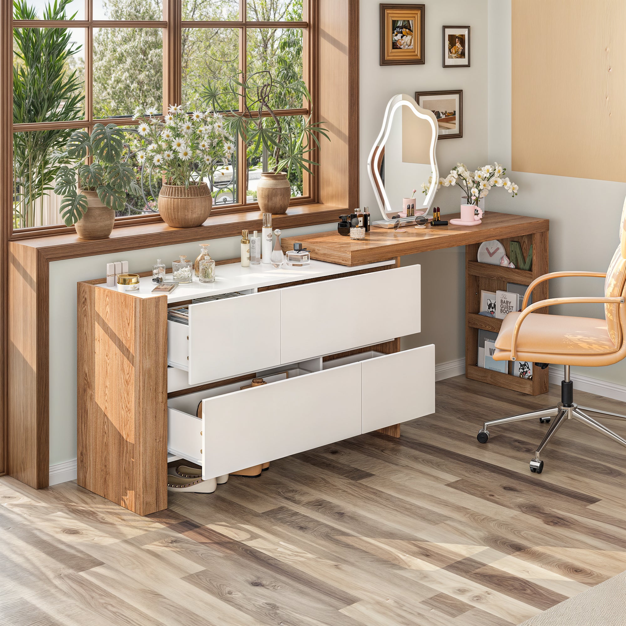 L-Shaped Modern Vanity Set with Adjustable Storage and 4 Drawer Chest