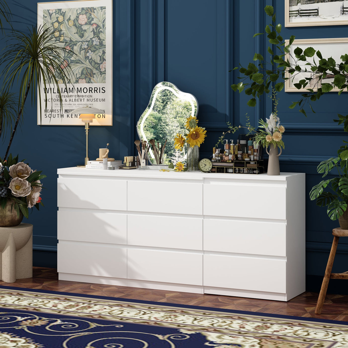 102.4" Modern White Convertible Vanity Table Makeup Vanity With 9 Drawers