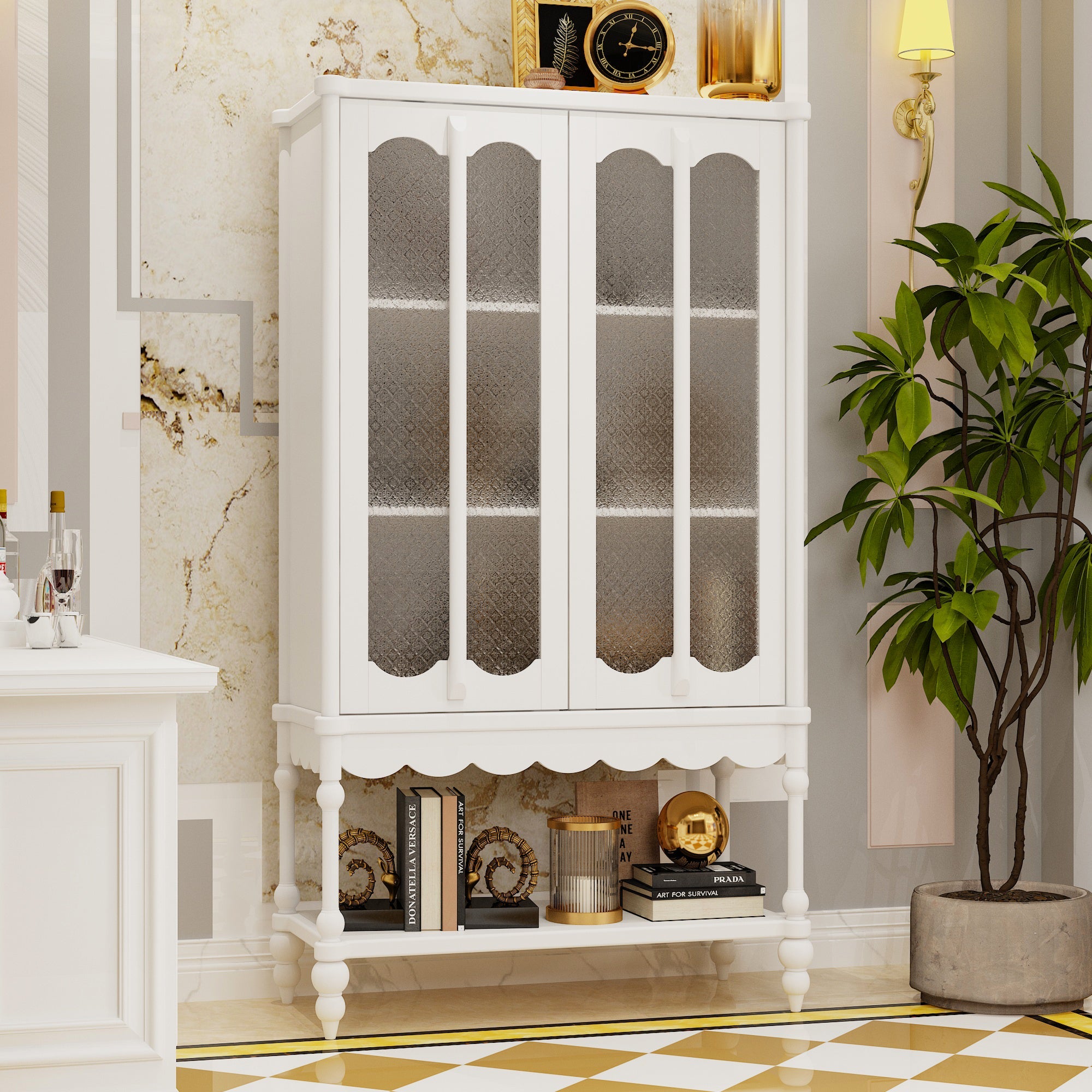 62.2 inches Traditional White China Cabinet Display Case With Glass Doors and Roman Column