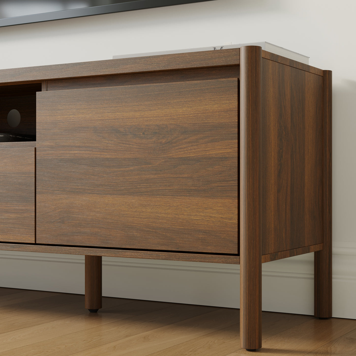 70.9 in. Modern Walnut TV Stand with Sliding Doors and Open Shelf