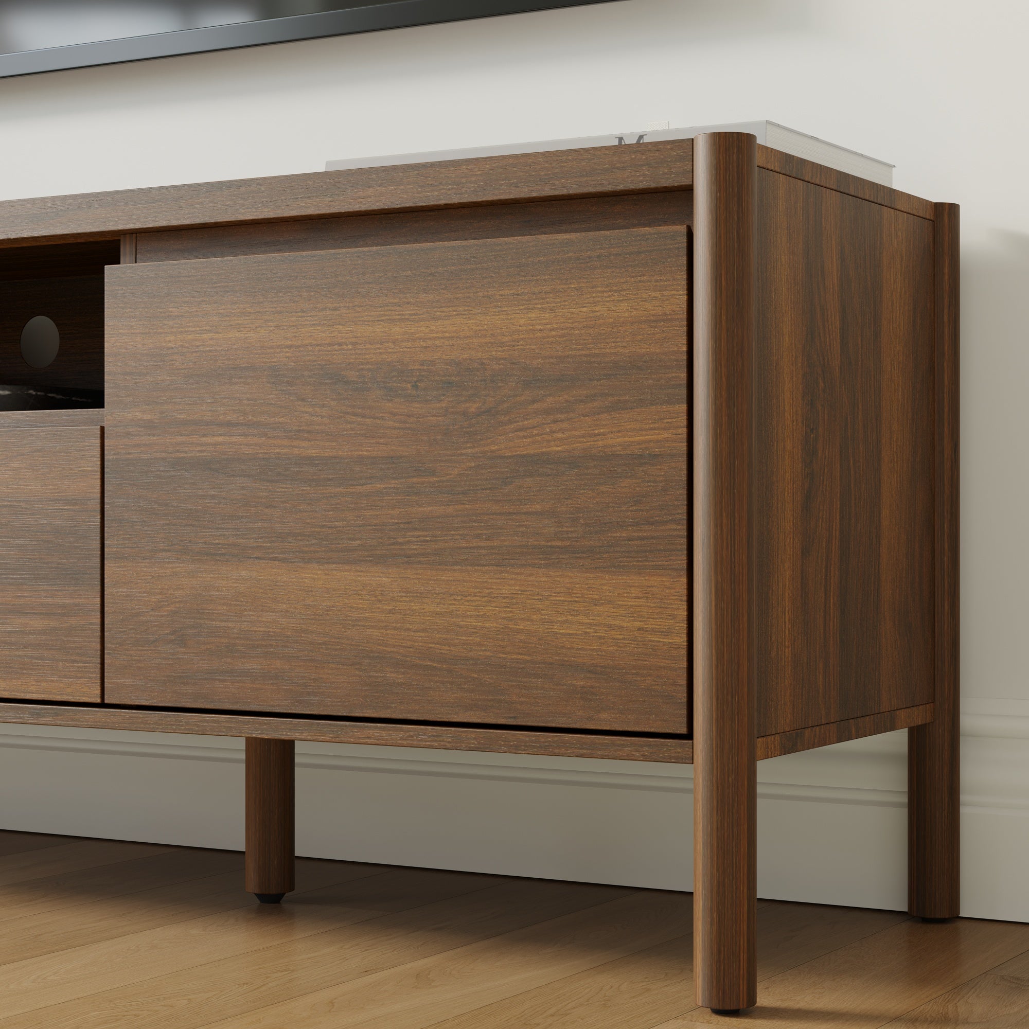 70.9 in. Modern Walnut TV Stand with Sliding Doors and Open Shelf
