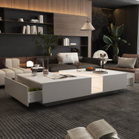 55.1" Modern White Coffee Table with Dual-Sided Drawers and Lighted Glass Center