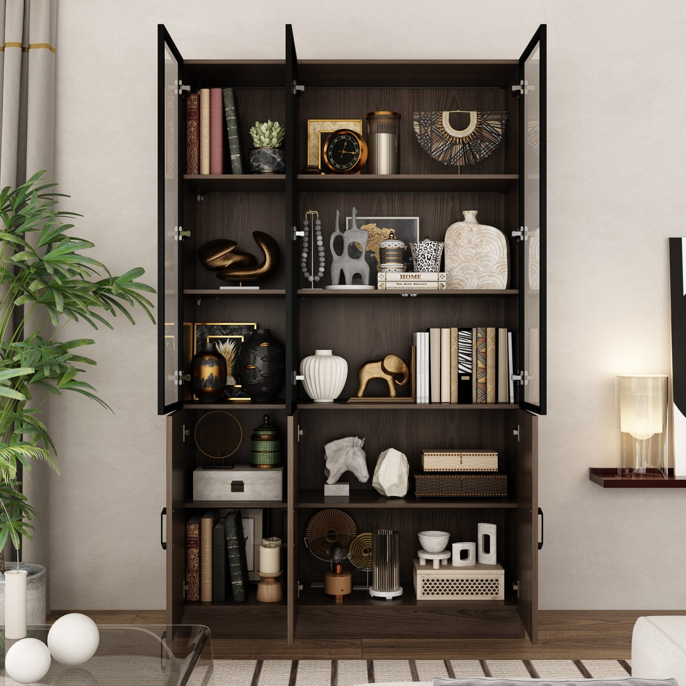 Geyma 47" Modern Brown Display Cabinets with Glass Door and Adjustable Lighting