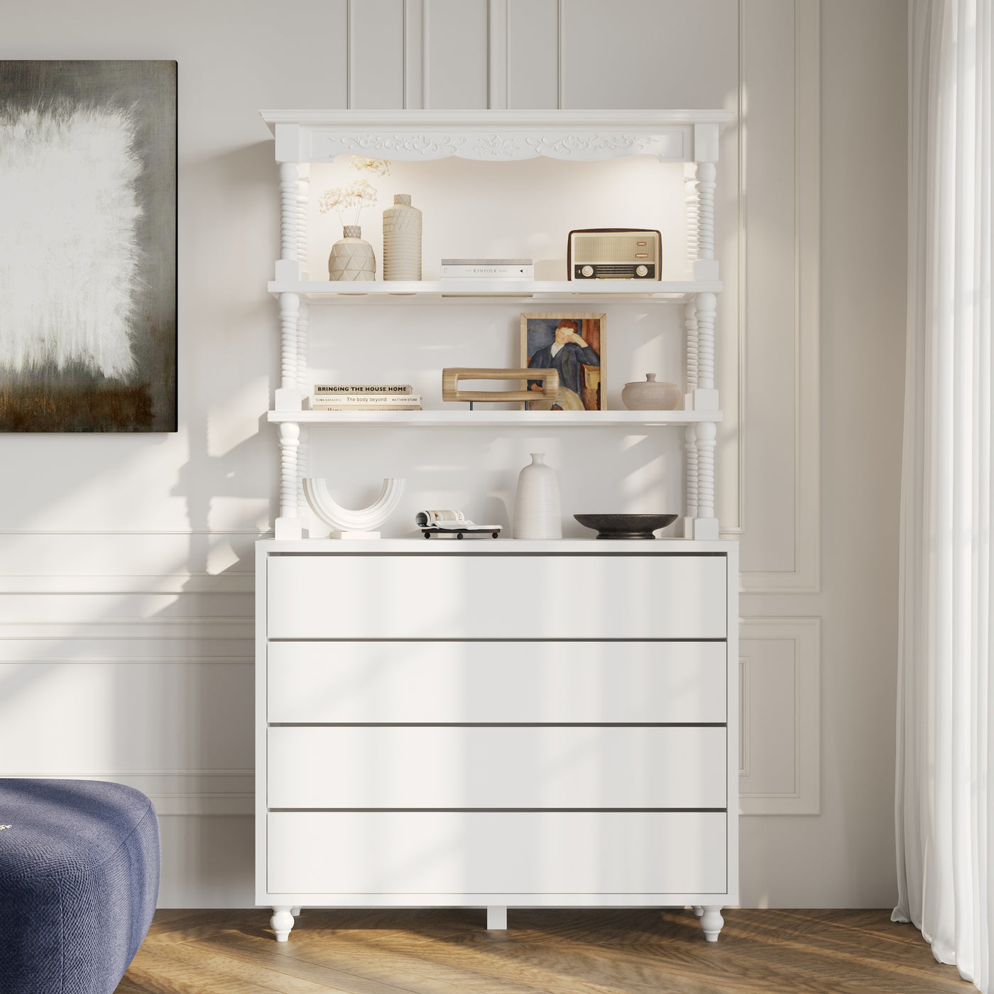 47.2" Contemporary White Display Cabinet with LED Lighting & Glass Doors